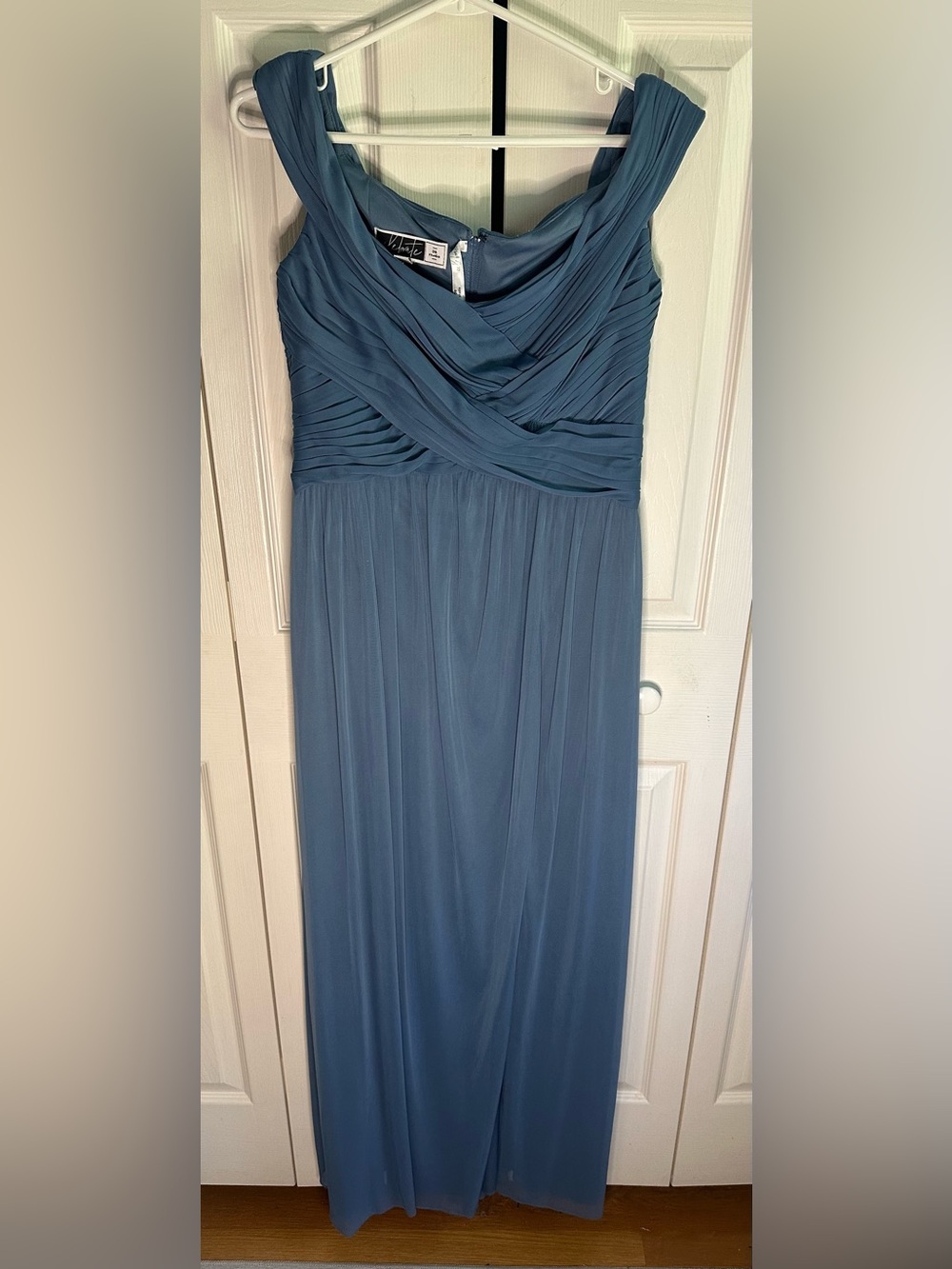 David's Bridal Slate Blue Pleated Chiffon Maxi Dress